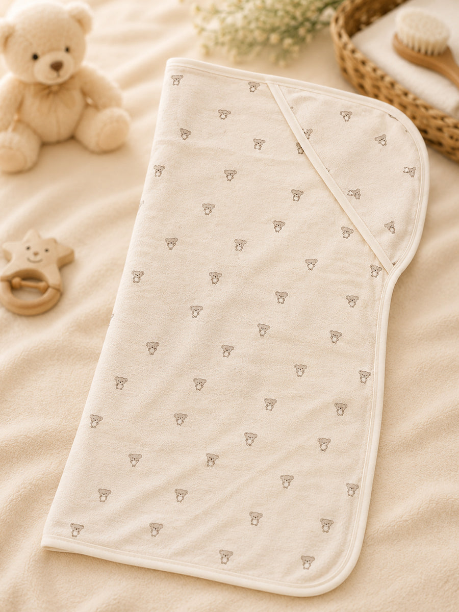 Ziva Baby Hooded Towel – Light Cream Greyish | Tiny Teddy Bear Print | Soft Knitted Cotton