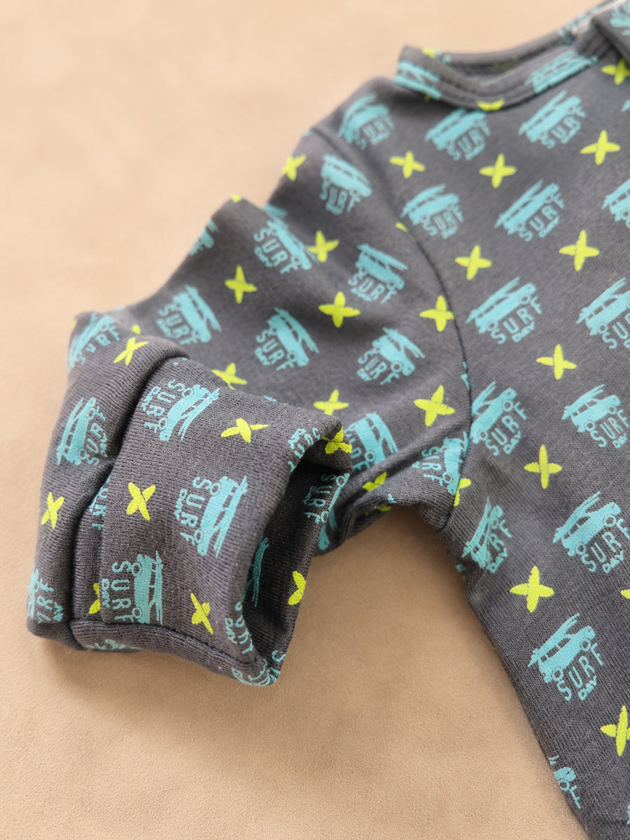 Ziva Knitted Cotton Baby Sleepsuit with Cap – Surf Day Print | Charcoal Grey