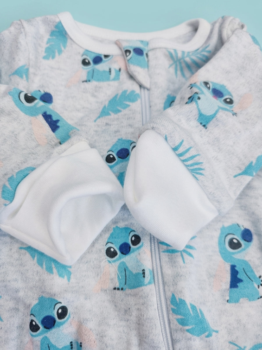 Ziva Knitted Cotton Baby Sleepsuit with Cap – Cartoon Character & Tropical Leaf Print | Heather Grey & Sky Blue