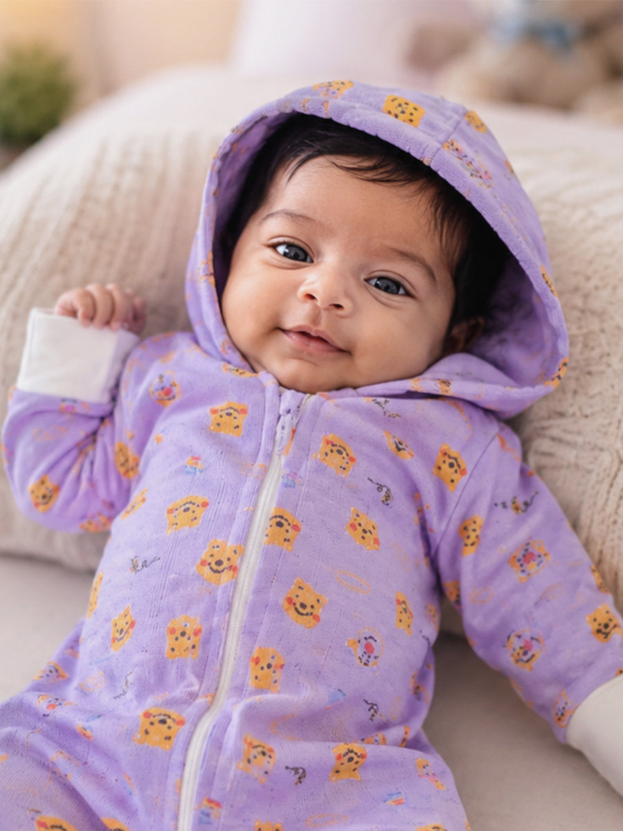 Ziva Hooded Knitted Cotton Baby Sleepsuit – Teddy & Koala Print | Soft Lavender Purple