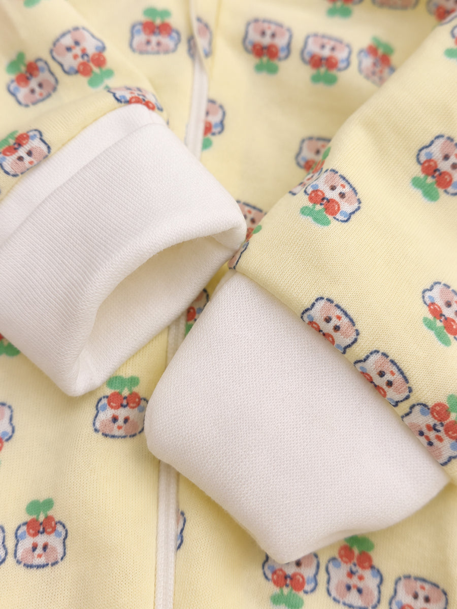 Ziva Hooded Knitted Cotton Sleepsuit – Cherry Bear Print | Buttercream Yellow