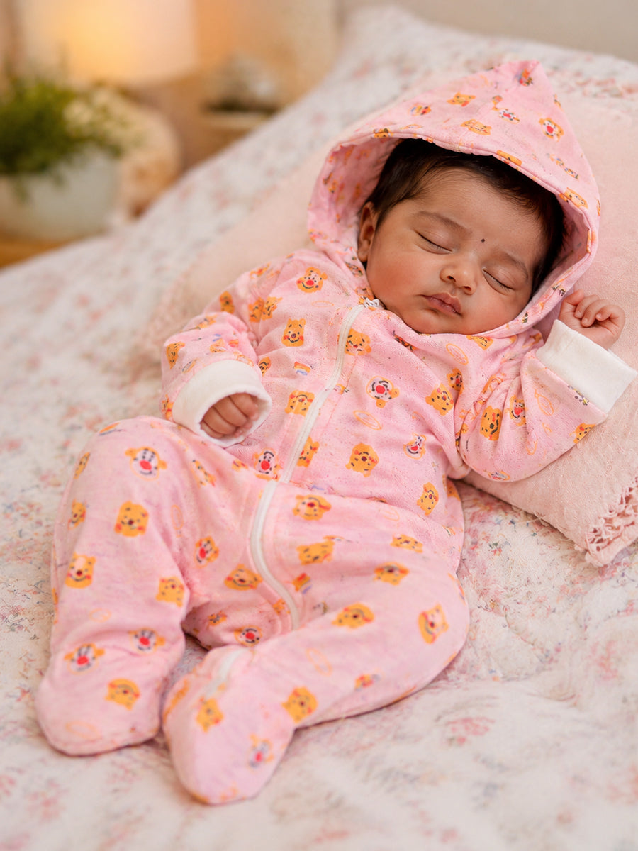 Ziva Hooded Knitted Cotton Baby Sleepsuit – Teddy & Tiger Friends Print | Soft Baby Pink