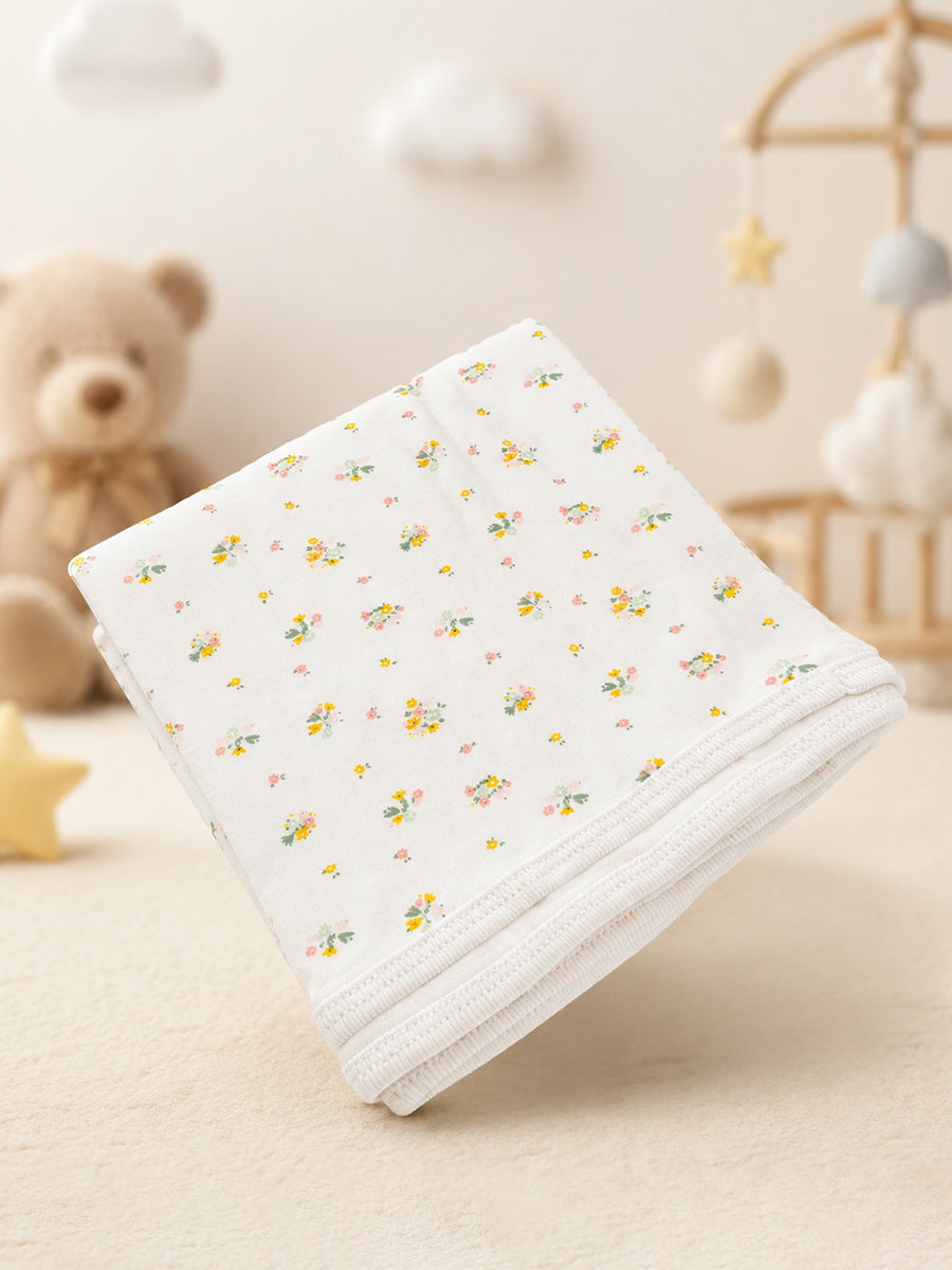 Ziva Baby Blanket – White | Tiny Wildflower Bouquet Print | Knitted Cotton