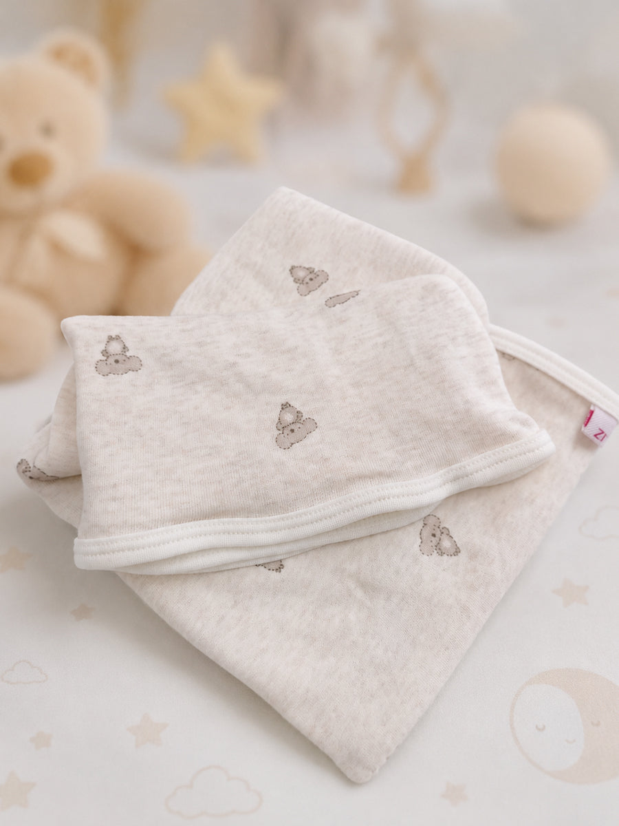 Ziva Baby Blanket – Soft Oatmeal Off White | Tiny Teddy Cloud Print | 100% Knitted Cotton