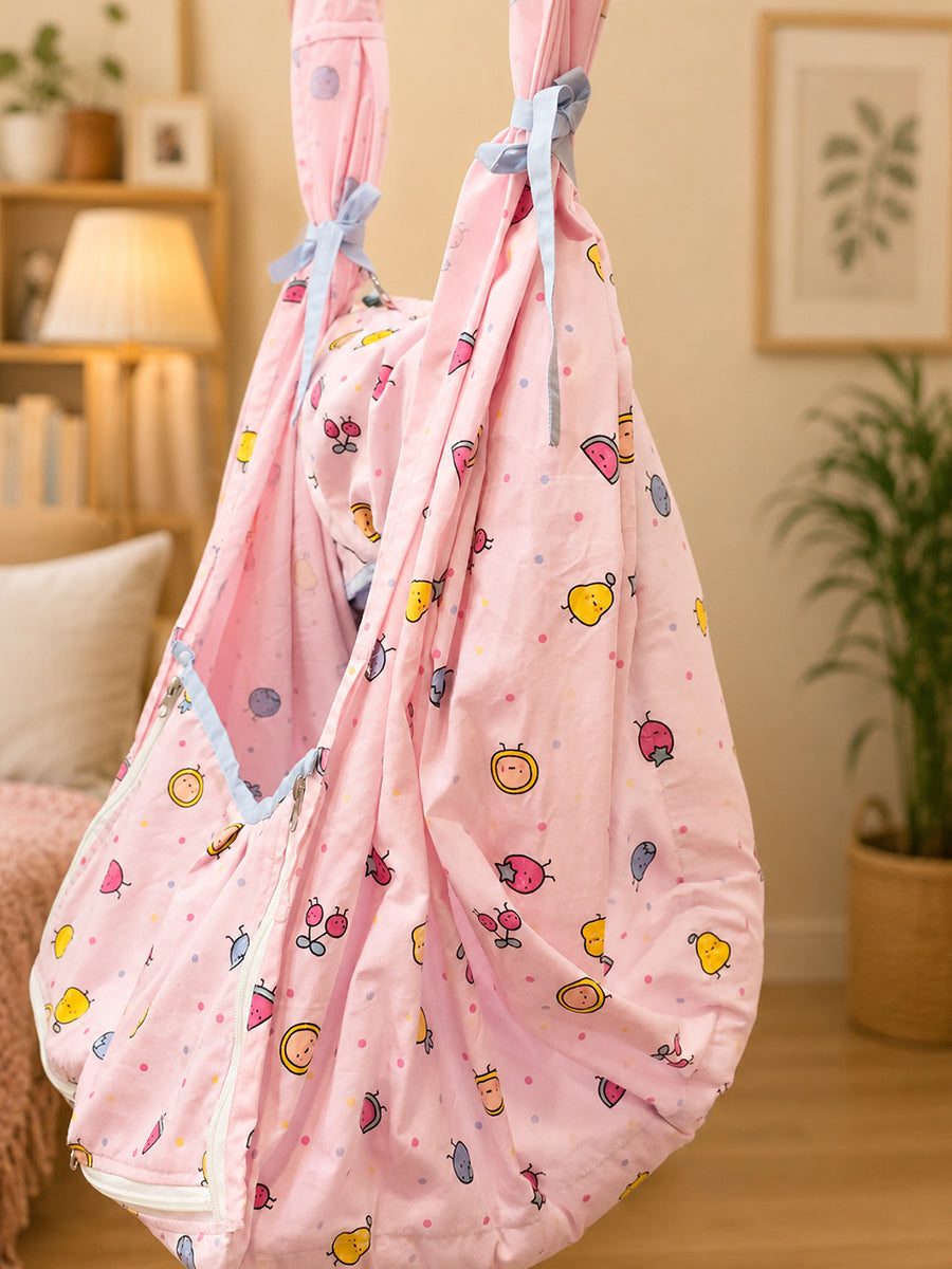 Ziva Multipurpose Cotton Baby Cradle with Bed & Convertible Swing Chair – Baby Pink Cartoon Fruit Print