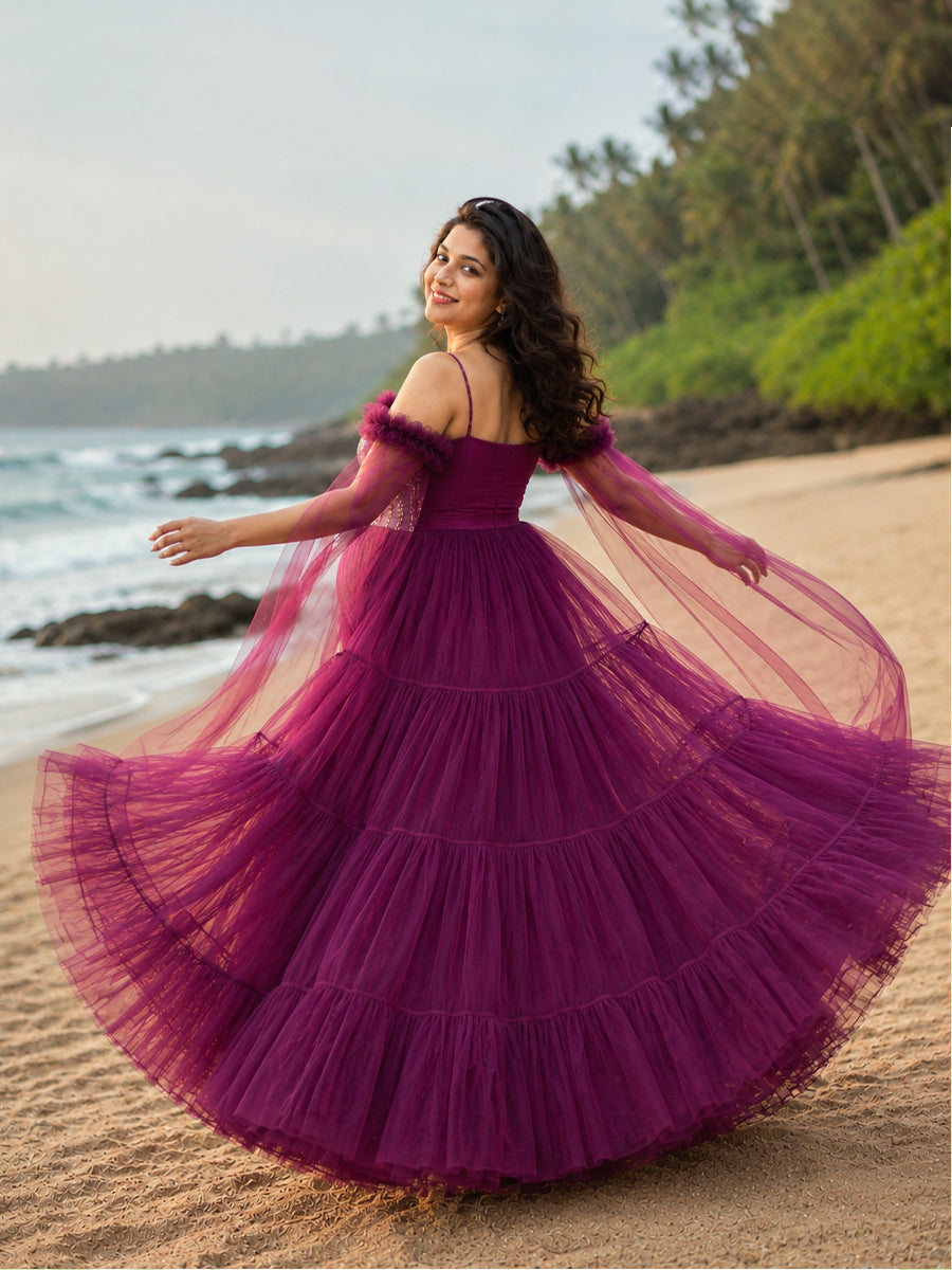 Ziva Maternity Photoshoot & Baby Shower Net Gown with Sequin Bodice & Flowing Cape Sleeves – Wine