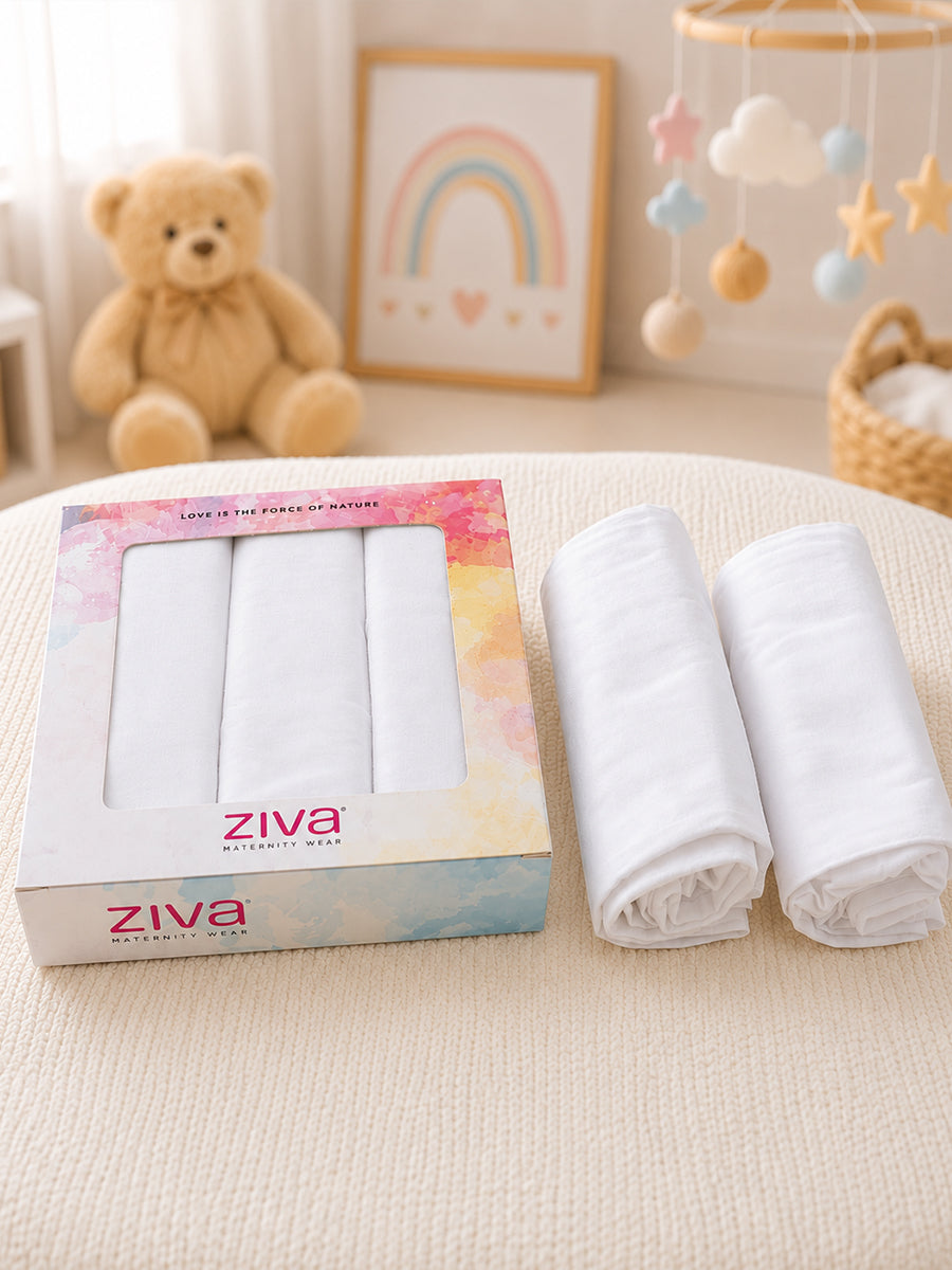 Ziva 3-Piece Cotton Reusable Baby Towels – Soft Multi-Purpose Cloth Towels for Newborns | White