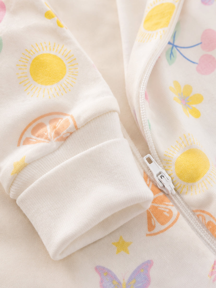 Ziva Baby Sleepsuit with Cap – Knitted Cotton Front Zip, Fold-Over Mittens & Integrated Booties | Pastel Coastal Bloom Print