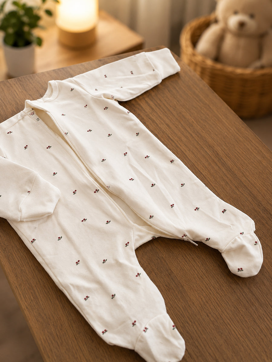 Ziva Baby Sleepsuit with Cap – Knitted Cotton Front Zip, Fold-Over Mittens & Integrated Booties | Mini Cherry Print