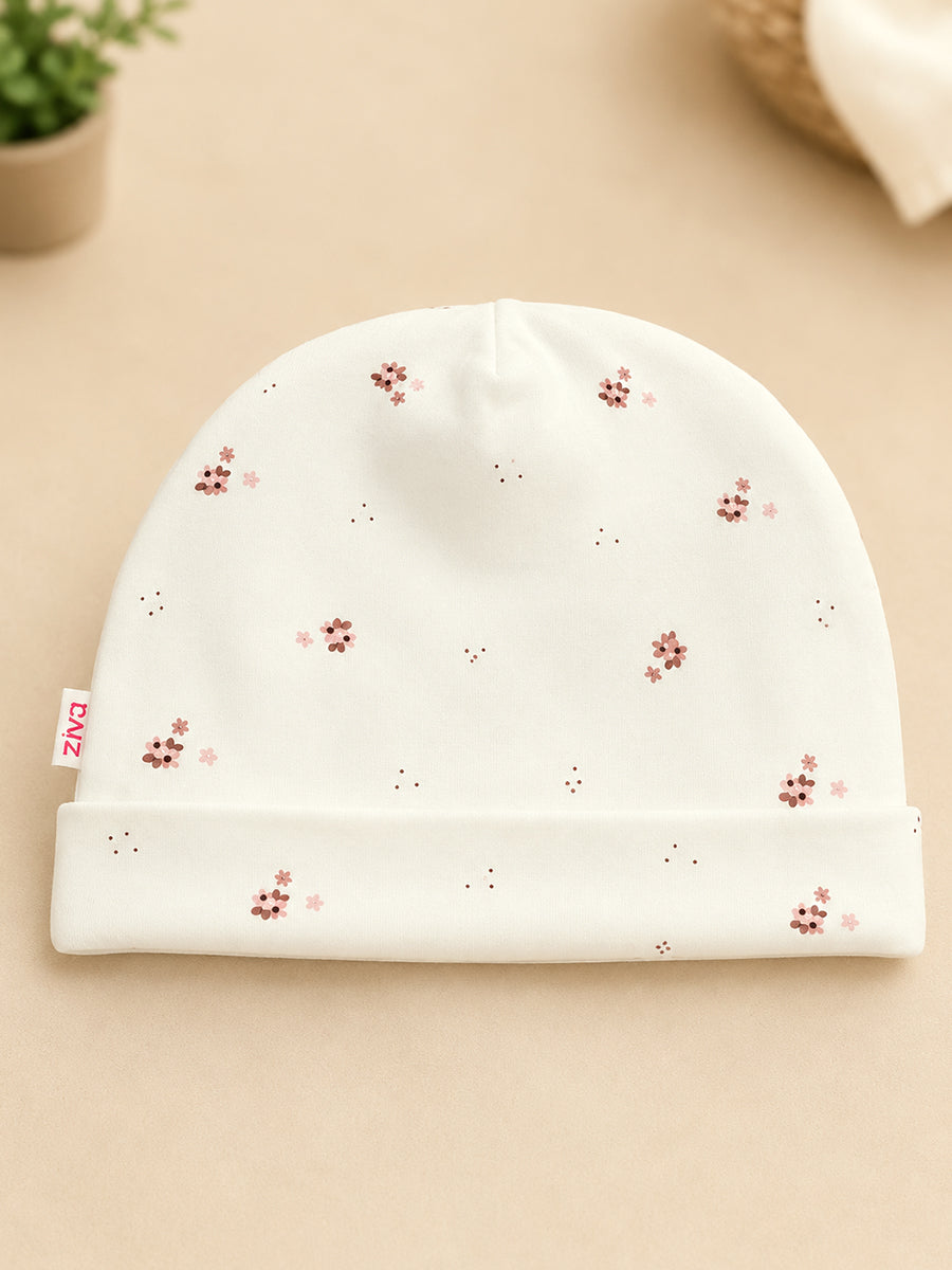 Ziva Baby Sleepsuit with Cap – Knitted Cotton Front Zip, Fold-Over Mittens & Integrated Booties | Blush Petal Floral Print
