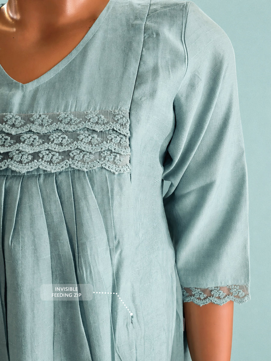 Ziva Maternity & Feeding Slub Grain Textured Dress with Invisible Feeding Zips, Crochet Lace Detailing & Pocket – Dusty Teal