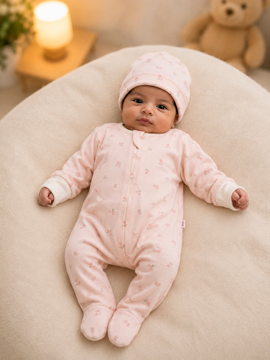 Ziva Baby Sleepsuit with Cap – Knitted Cotton Front Zip, Fold-Over Mittens & Integrated Booties | Soft Blush Pink | Blush Wildflower Print