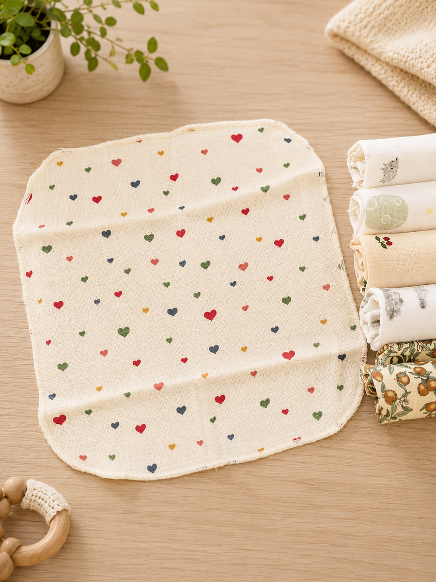 Ziva Baby Wipes – Double Layer Muslin Cotton | 9 × 9 Inch | Tiny Hearts Assorted Print Pack | 6 Pieces