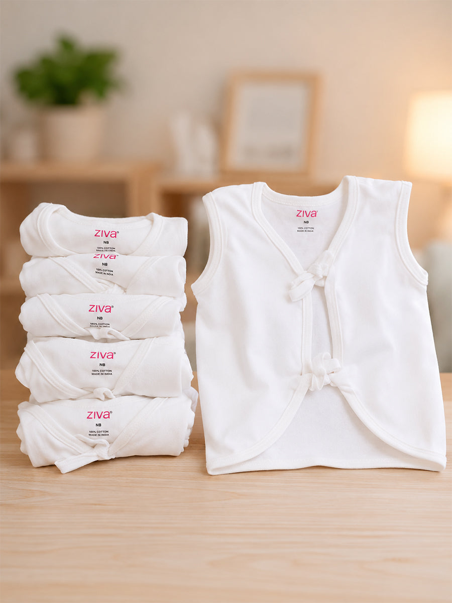 Ziva Knitted Cotton White Jabla – Newborn Baby Wear | 6 Pieces