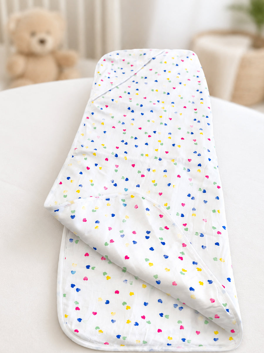 Ziva Premium Muslin Hooded Towel – Double Layer Muslin with Soft Fleece Core | Candy Hearts Print