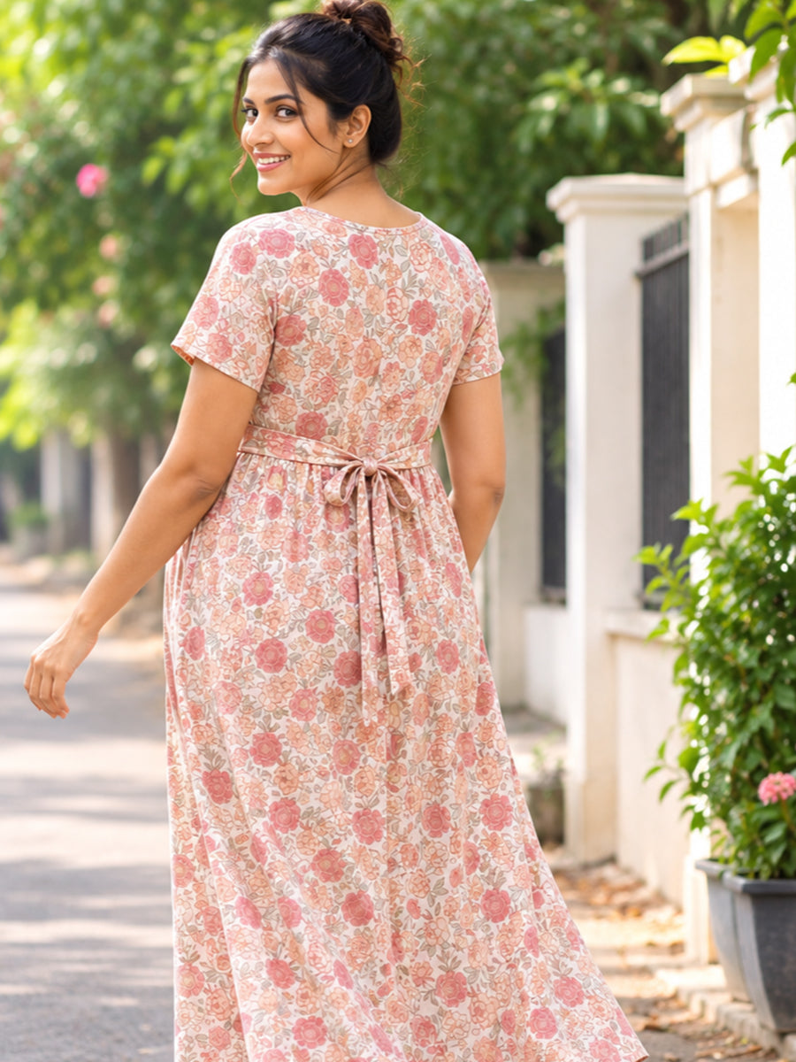 Ziva Zipless Maternity & Feeding Knitted Dress with Adjustable Tie & Side Pocket – Vintage Rose Garden Print