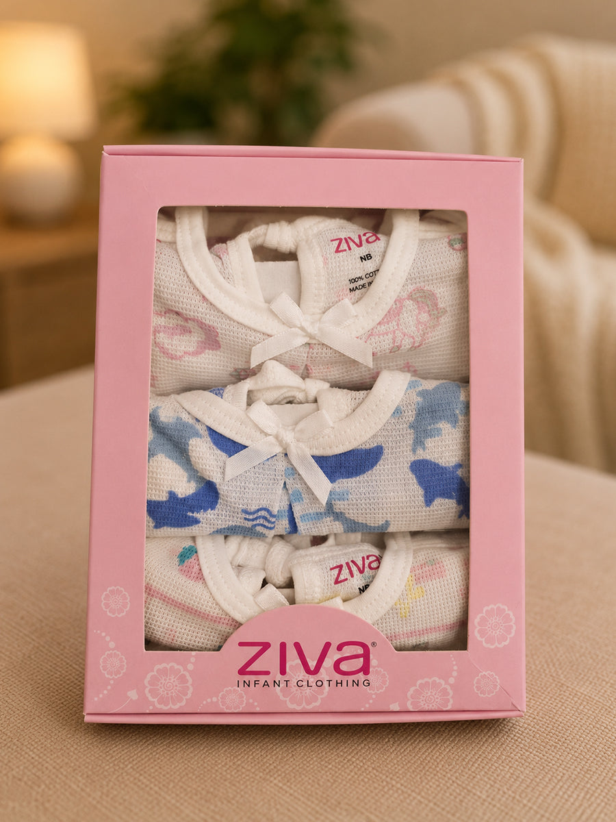 Ziva Premium Knitted Cotton Baby Frock – Breathable Mesh Fabric with Adjustable Shoulder Tie | Assorted Prints | 3 Pieces