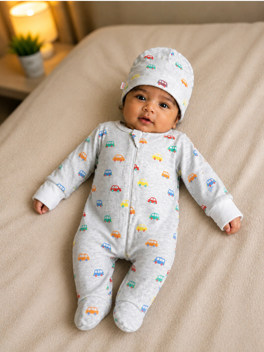 Ziva Baby Sleepsuit with Cap – Knitted Cotton Front Zip, Fold-Over Mittens & Integrated Booties | Soft Heather Grey | Happy Little Cars Print
