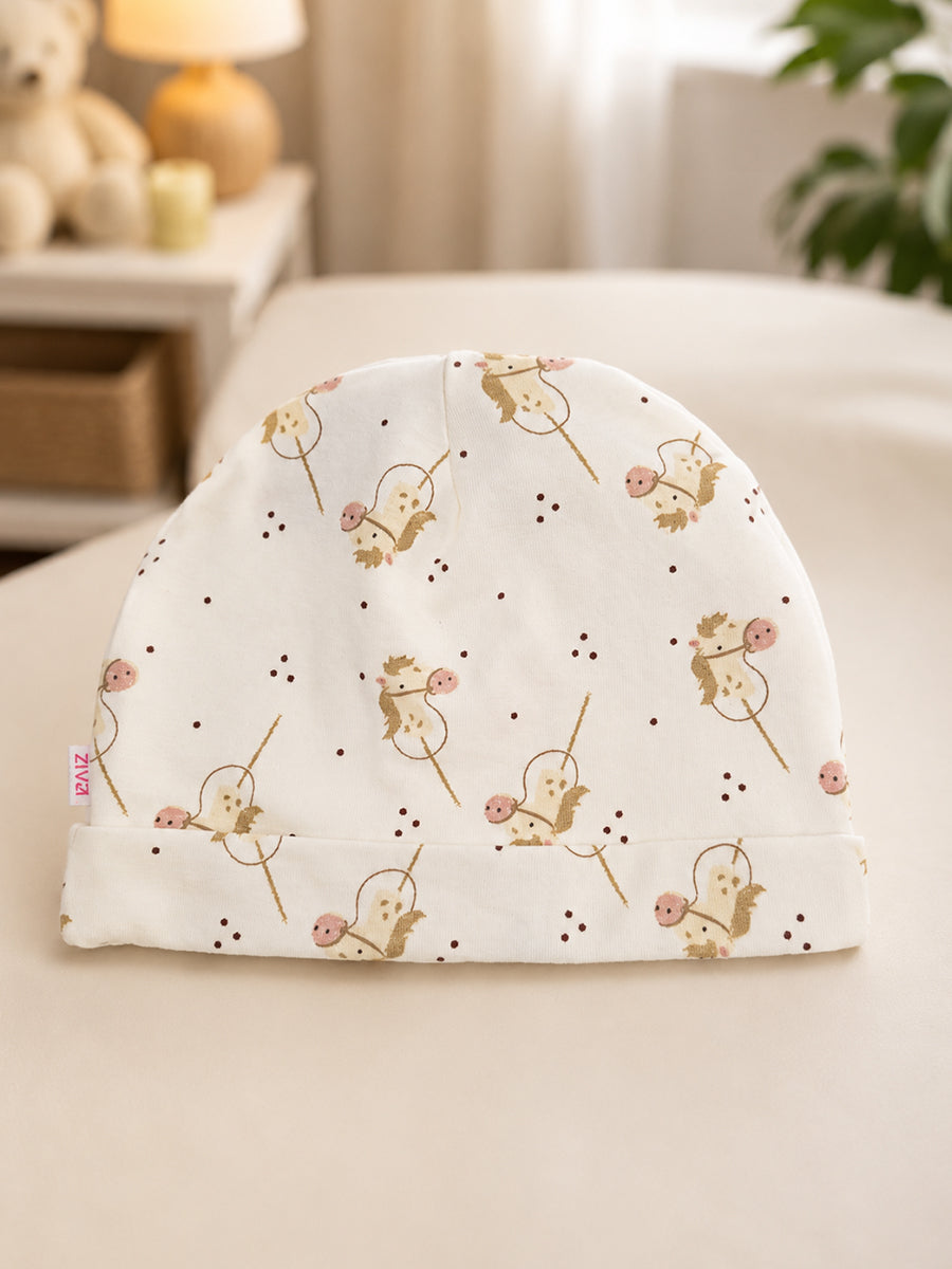 Ziva Baby Sleepsuit with Cap – Knitted Cotton Front Zip, Fold-Over Mittens & Integrated Booties | Soft Off White | Little Monkey Print