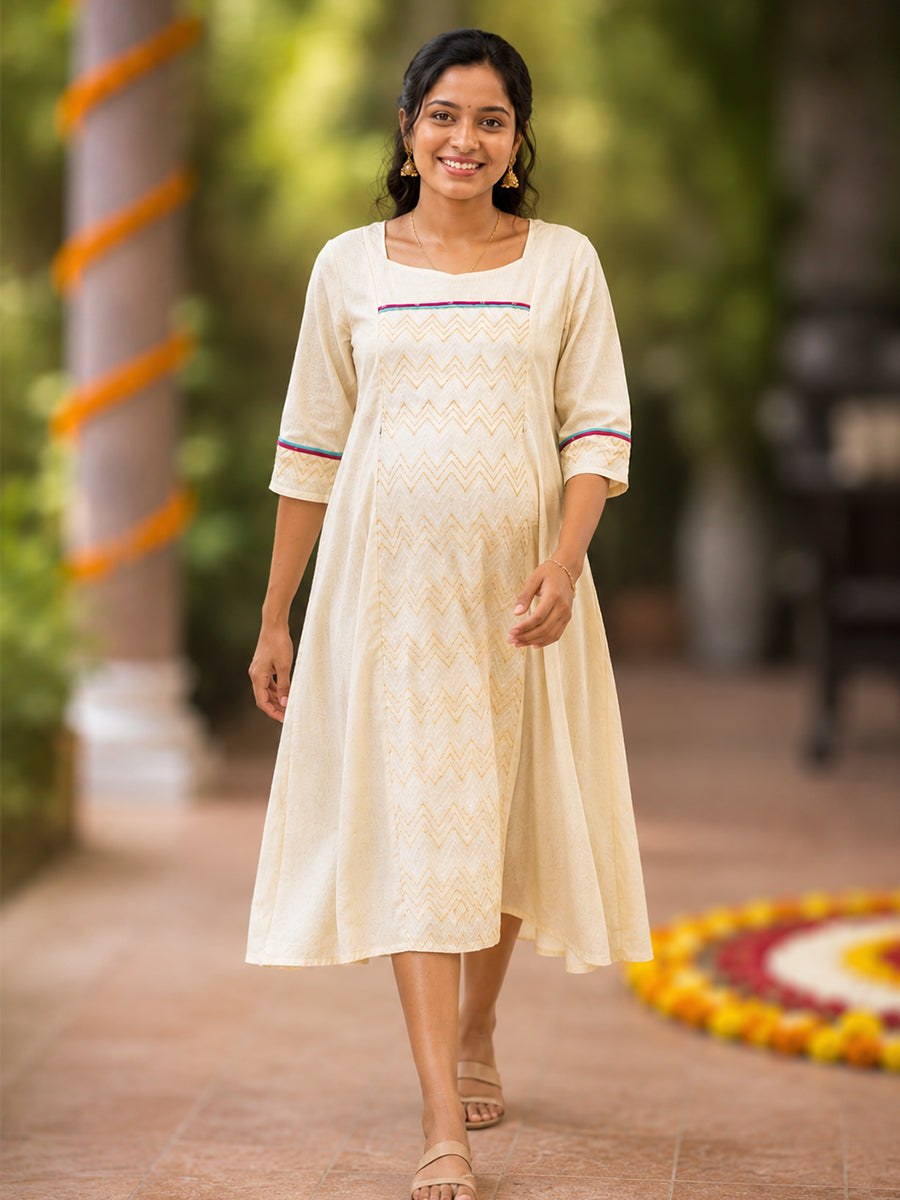 Ziva Onam Maternity & Feeding Dress | Onakodi | Light Cream Cotton | Square Neck | Invisible Feeding Zips & Side Pocket