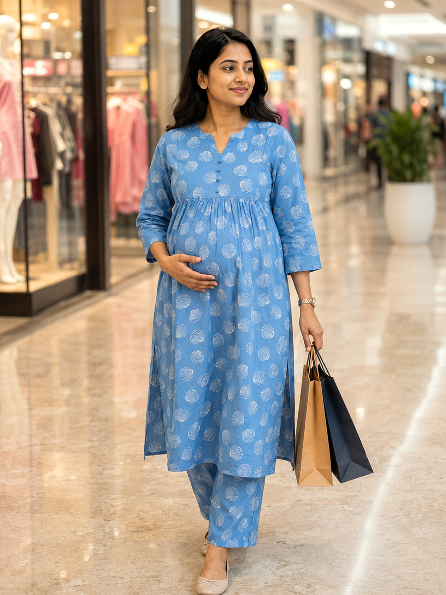 Ziva Maternity & Feeding Cotton Co-ord Set with Side Zips & Pockets – Teal Blue Seashell Print