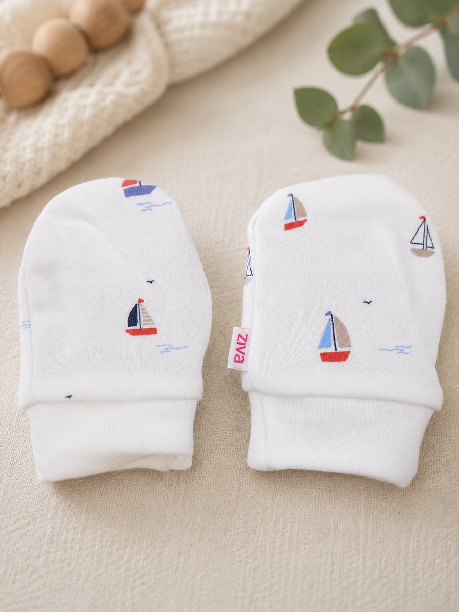 Ziva Baby Cap, Mitten & Bootie Set – Sailboat Print | Knitted Cotton
