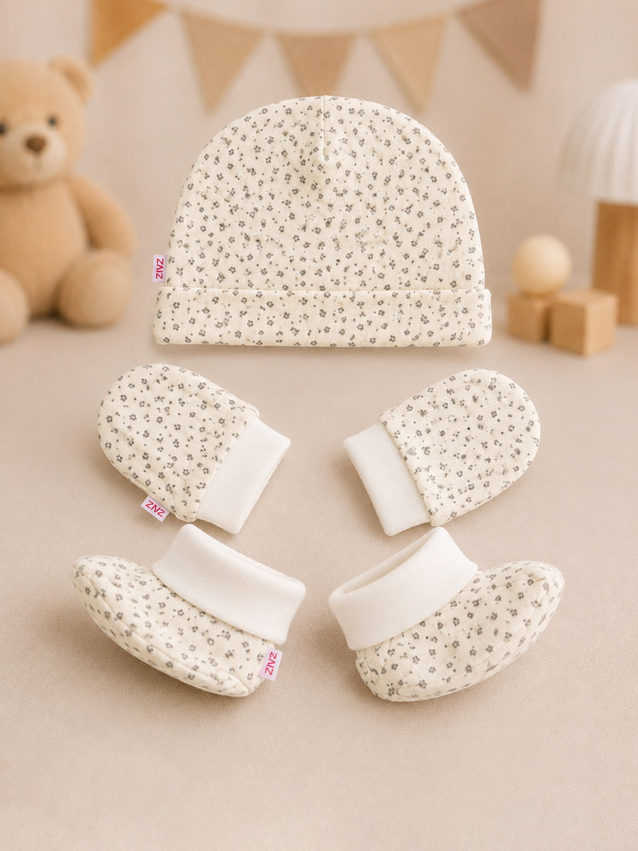 Ziva Baby Cap, Mitten & Bootie Set – Tiny Floral Print | Knitted Cotton