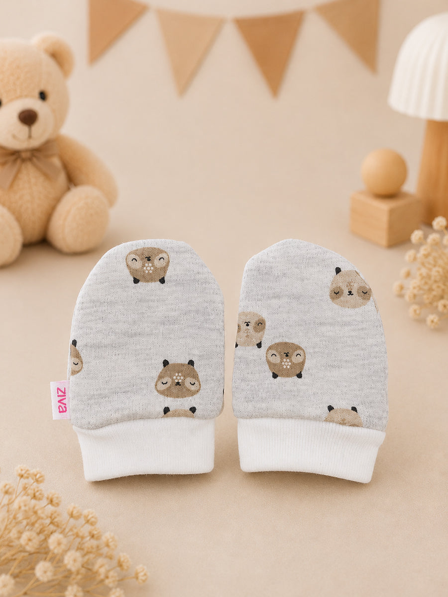 Ziva Baby Cap, Mitten & Bootie Set – Cute Owl Print | Knitted Cotton