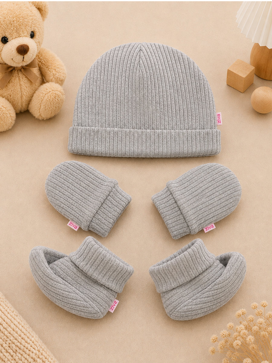 Ziva Baby Cap, Mitten & Bootie Set – Solid Grey Ribbed | Knitted Cotton