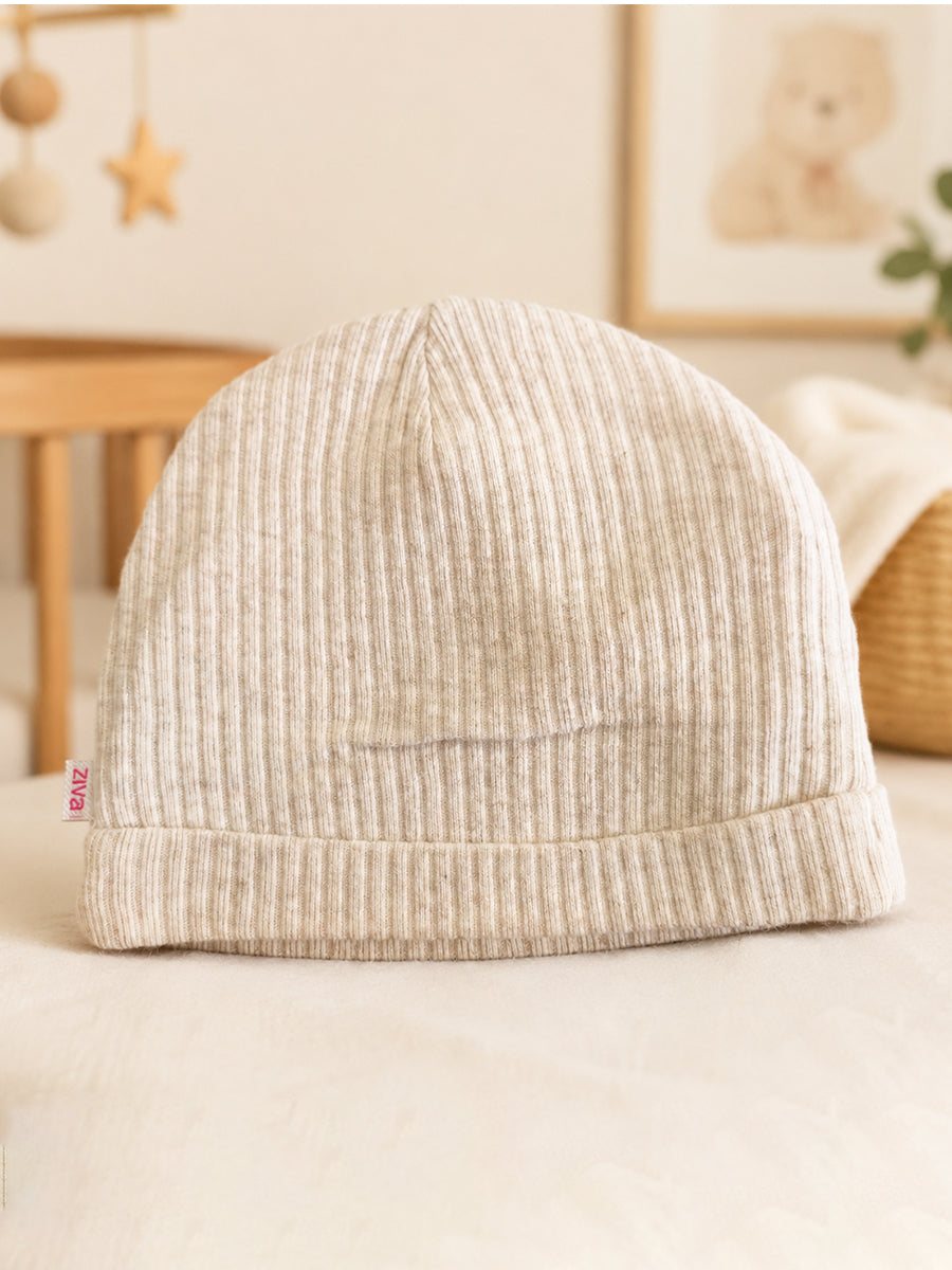 Ziva Baby Cap, Mitten & Bootie Set – Solid Light Grey Ribbed | Knitted Cotton