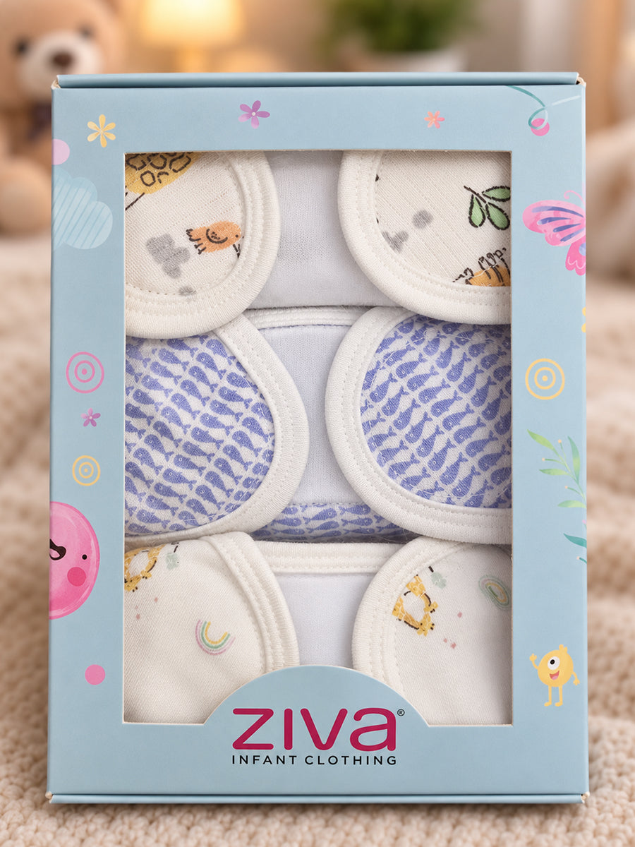 Ziva 3 Piece Velcro Nappy – Baby Boy | Premium Knitted Cotton | Lightly Padded Attached Insert | Assorted White, Off-White & Blue Prints