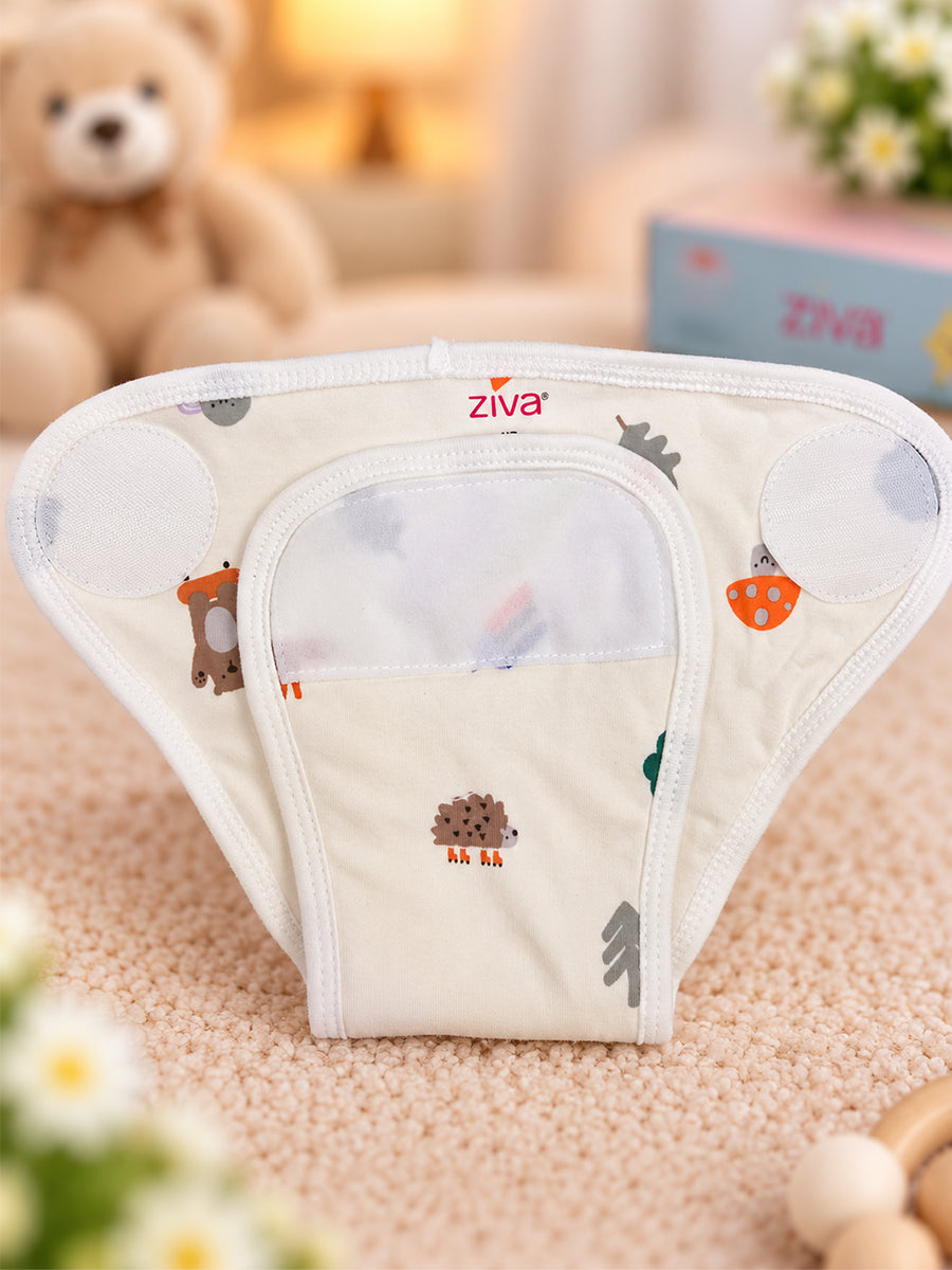 Ziva 3 Piece Velcro Nappy – Baby Boy | Premium Knitted Cotton | Lightly Padded Attached Insert | Assorted White & Off-White Prints
