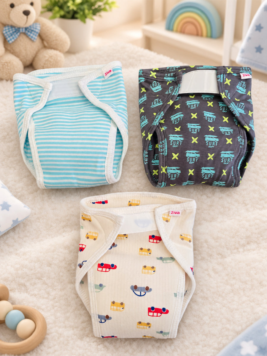 Ziva 3 Piece Velcro Nappy – Baby Boy | Premium Knitted Cotton | Lightly Padded Attached Insert | Assorted Blue, Charcoal & Off-White Prints