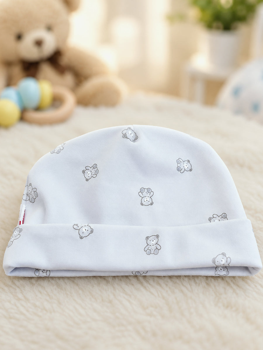 Ziva Baby Sleepsuit with Cap – Powder Blue Tiny Teddy Print | Premium Knitted Cotton | Front Zip | Fold-Over Mittens & Integrated Booties
