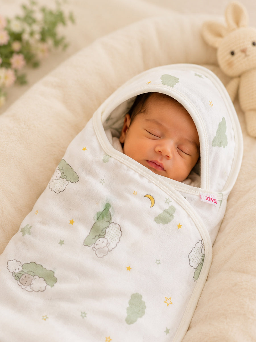 Ziva Baby Hooded Towel –   White | Sleeping Lamb, Moon & Star Print | 100% Knitted Cotton