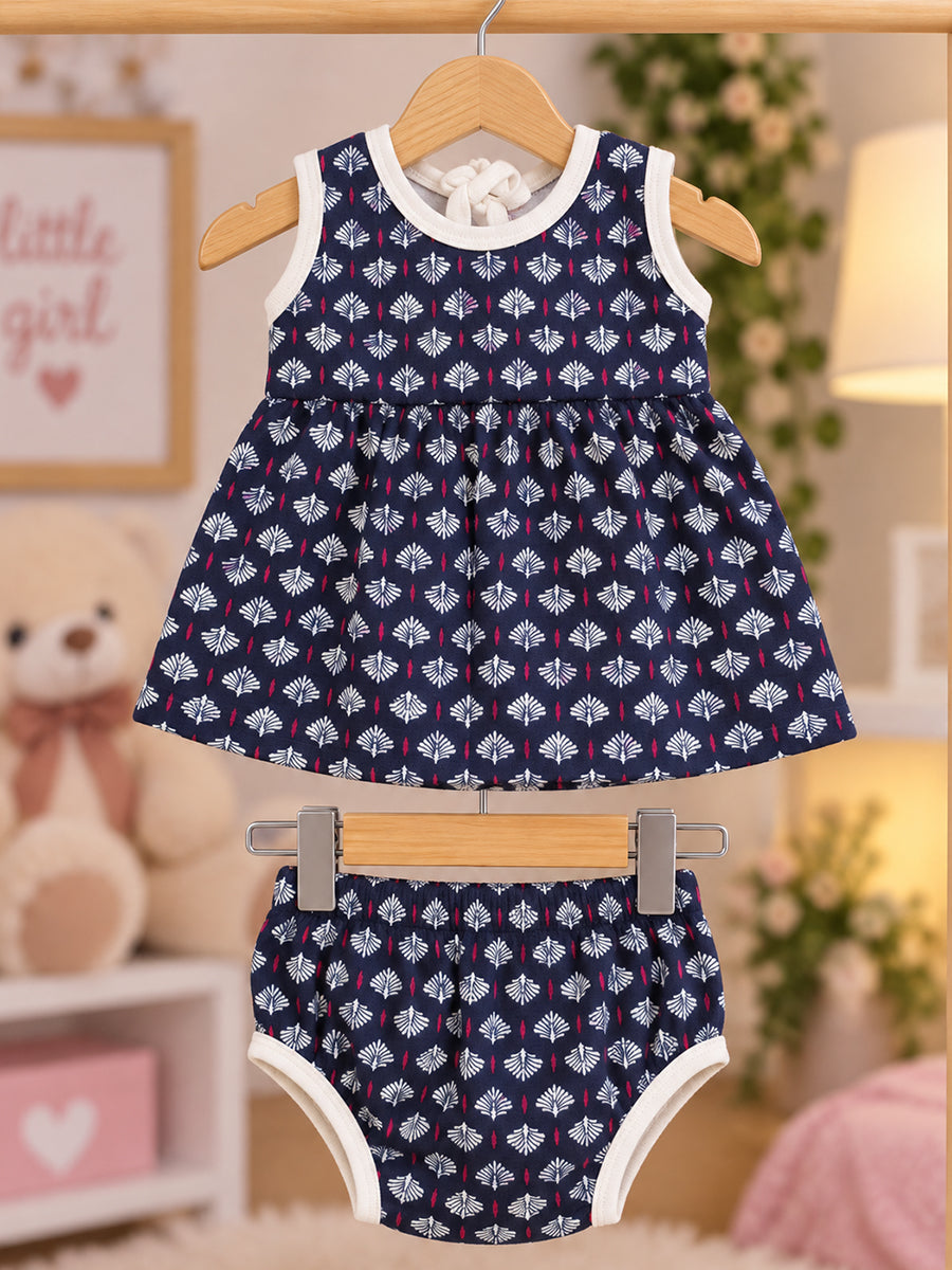 Ziva Baby Girl Frock with Pantie – Navy Blue Ethnic Motif Print | Premium Knitted Cotton | Back Adjustable Knot Tie | 2-Piece Set