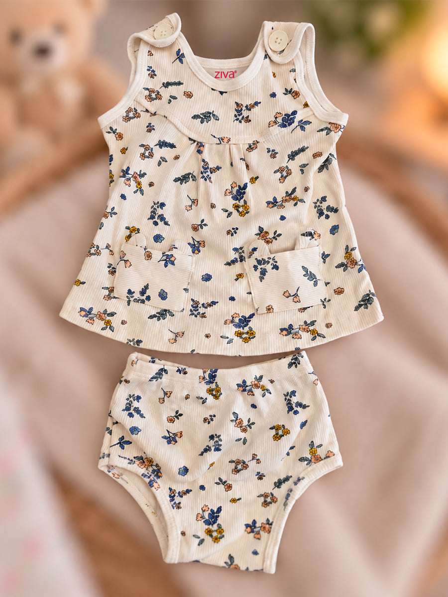 Ziva Baby Girl Frock with Pantie – Soft Cream Blue & Peach Floral Print | Premium Knitted Cotton | Shoulder Buttons & Front Pockets | 2-Piece Set