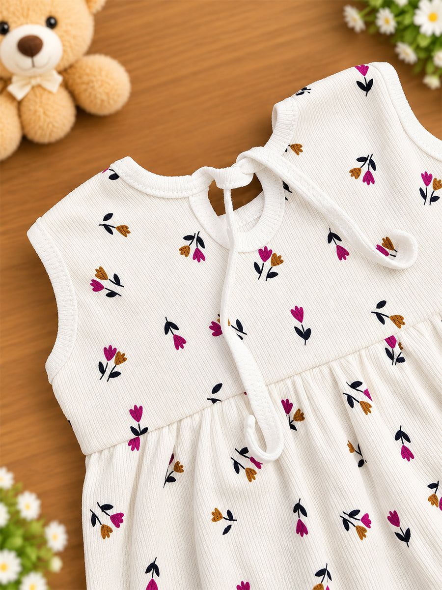 Ziva Baby Girl Frock with Pantie – Off White Tiny Tulip Floral Print | Premium Knitted Cotton | Back Knot Tie | 2-Piece Set