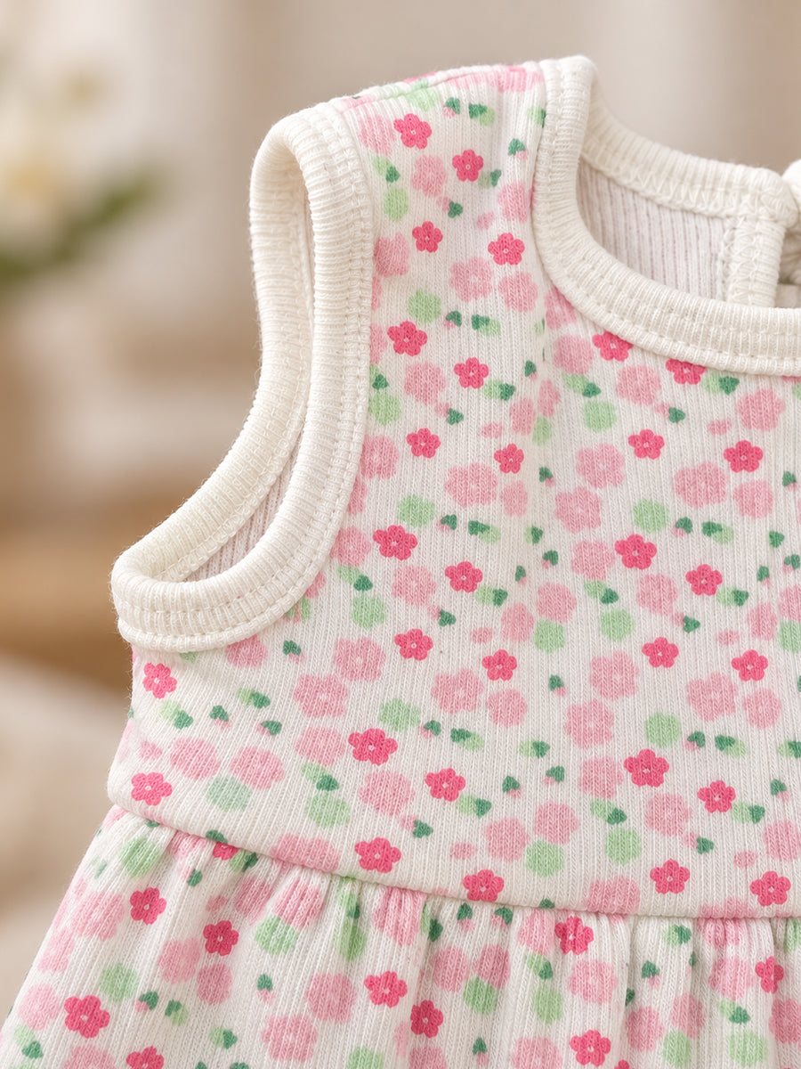 Ziva Baby Girl Frock with Pantie – Off White Pink Blossom Print | Premium Knitted Cotton | Back Knot Tie | 2-Piece Set