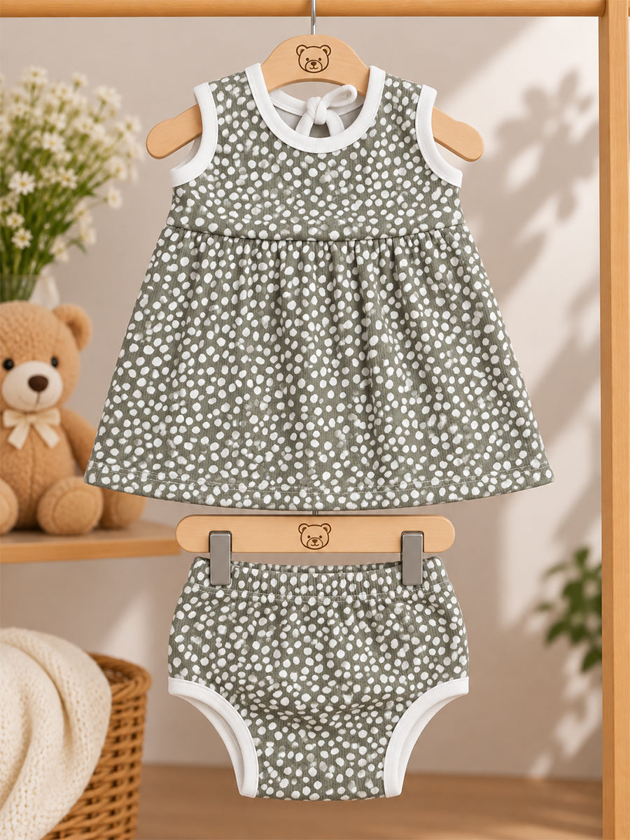 Ziva Baby Girl Frock with Pantie – Olive Sage White Pebble Print | Premium Knitted Cotton | Back Knot Tie | 2-Piece Set