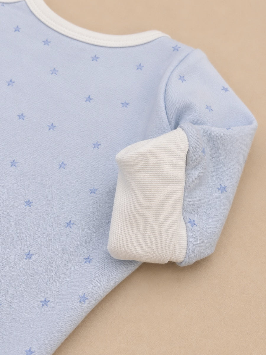 Ziva Baby Sleepsuit with Cap – Knitted Cotton Front Zip, Fold-Over Mittens & Integrated Booties | Baby Blue | Tiny Blue Stars Print