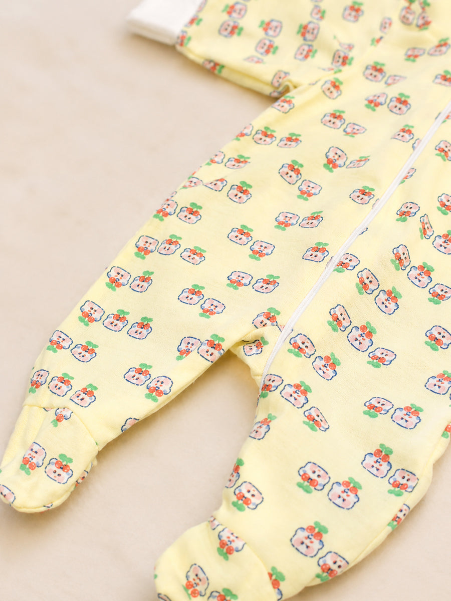 Ziva Hooded Knitted Cotton Sleepsuit – Cherry Bear Print | Buttercream Yellow
