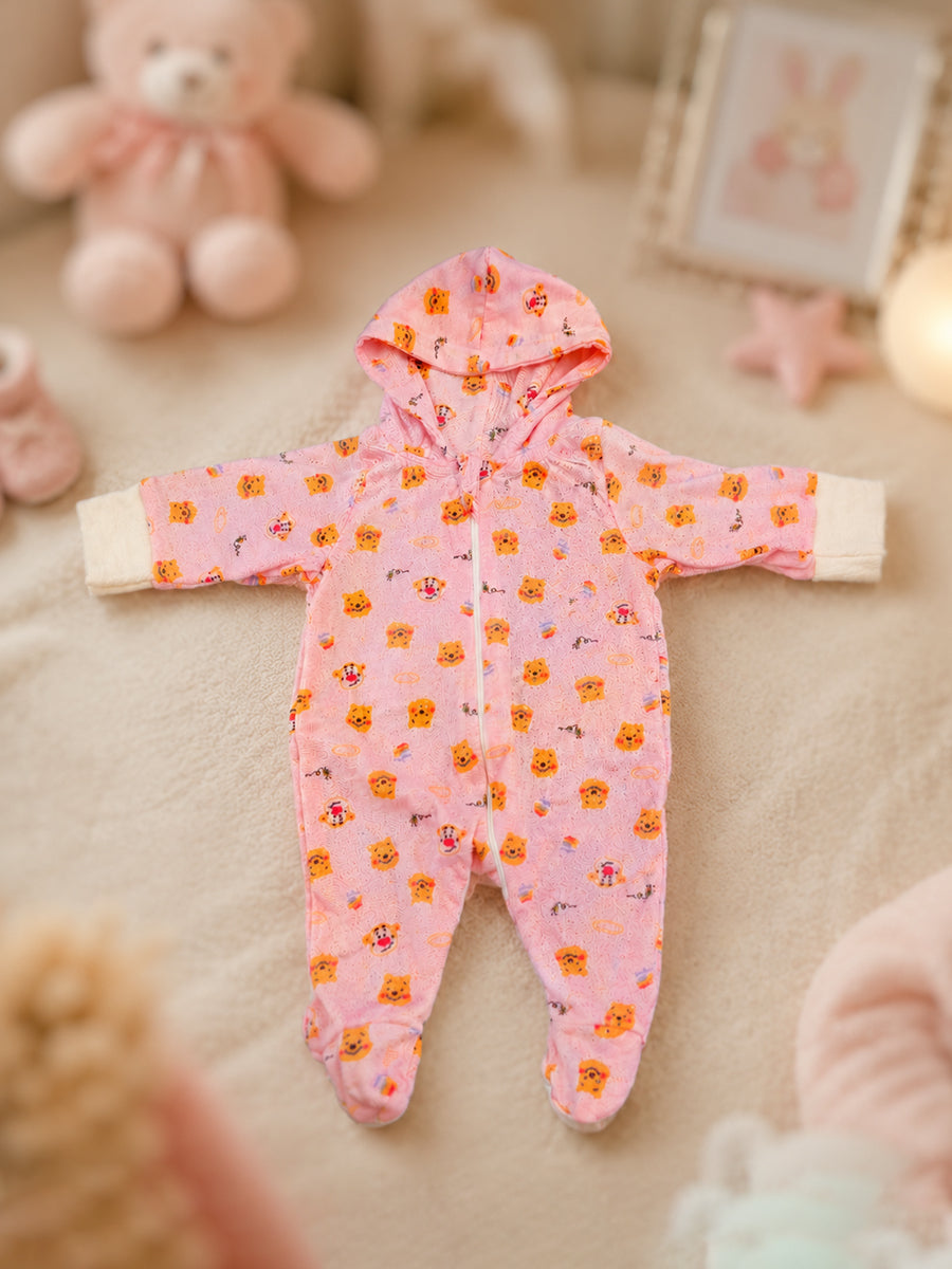 Ziva Hooded Knitted Cotton Baby Sleepsuit – Teddy & Tiger Friends Print | Soft Baby Pink