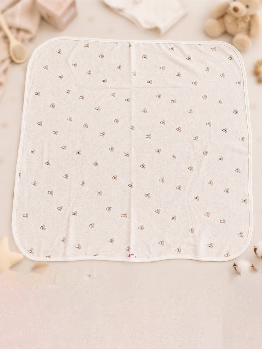 Ziva Baby Blanket – Soft Oatmeal Off White | Tiny Teddy Cloud Print | 100% Knitted Cotton