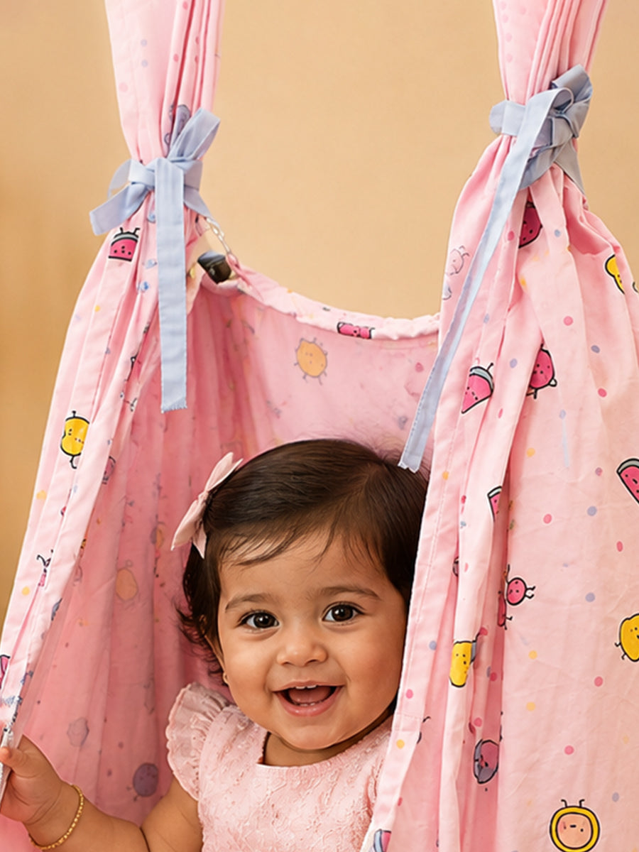 Ziva Multipurpose Cotton Baby Cradle with Bed & Convertible Swing Chair – Baby Pink Cartoon Fruit Print