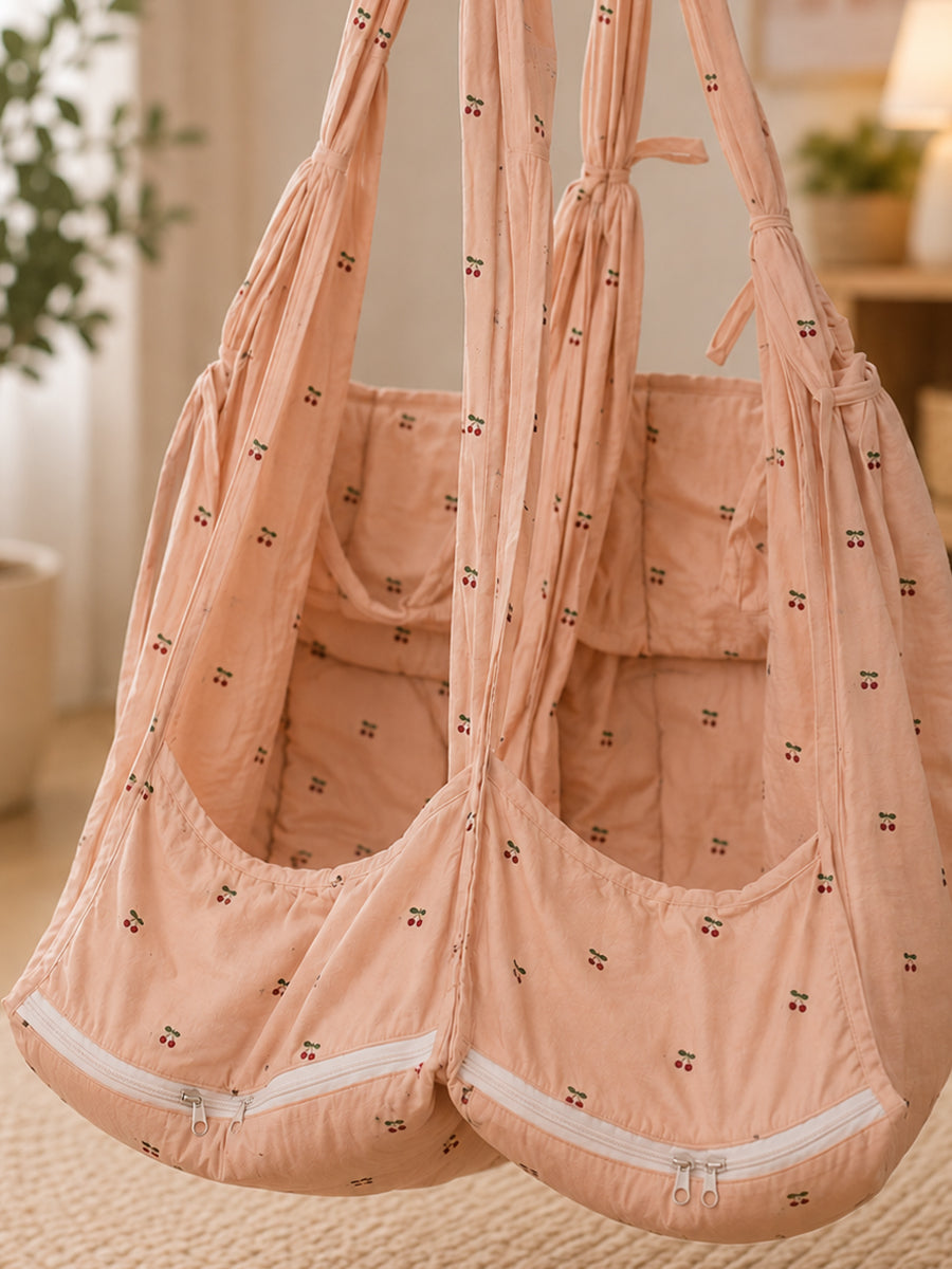 Ziva Exclusive Twin Organic Cotton Cradle with Bed & Convertible Swing Chair – Peach Brown Cherry Print