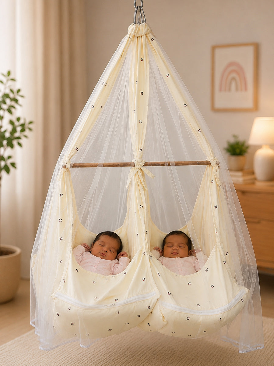 Ziva Exclusive Twin Organic Cradle with Bed & Convertible Swing Chair – Cream Cherry Print