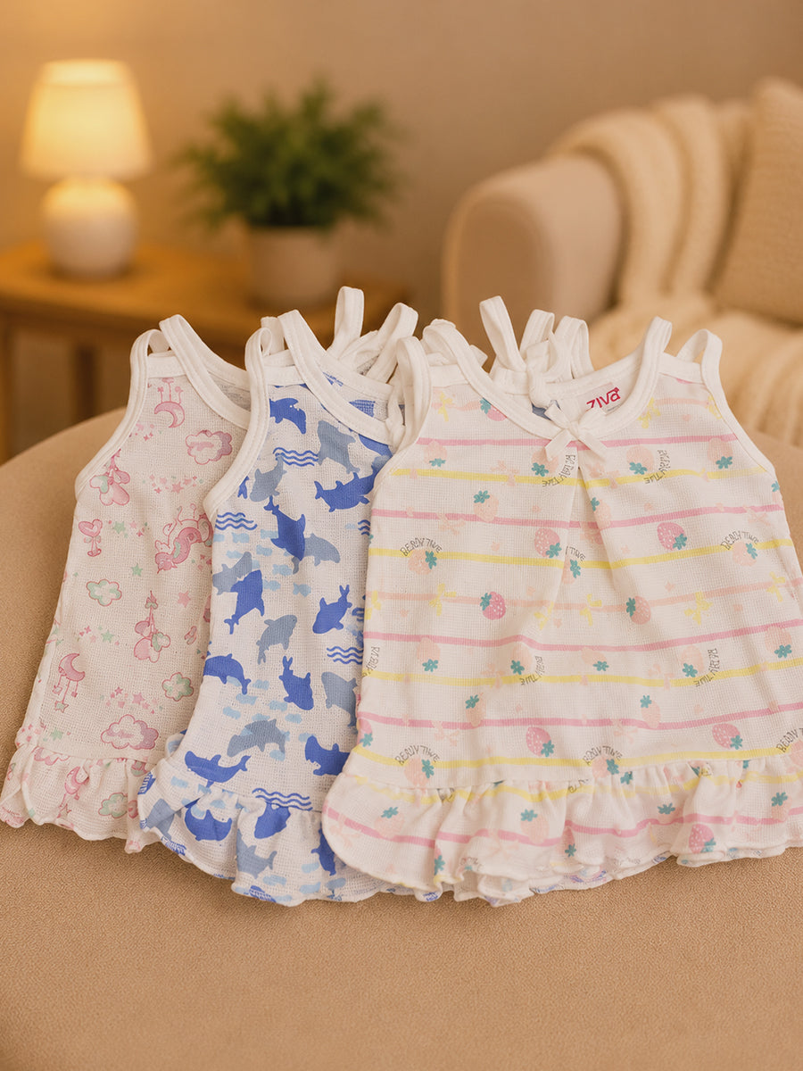 Ziva Premium Knitted Cotton Baby Frock – Breathable Mesh Fabric with Adjustable Shoulder Tie | Assorted Prints | 3 Pieces