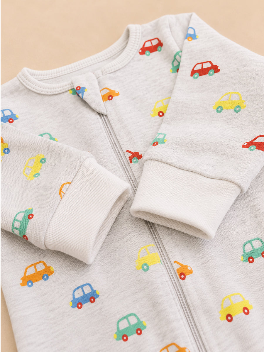 Ziva Baby Sleepsuit with Cap – Knitted Cotton Front Zip, Fold-Over Mittens & Integrated Booties | Soft Heather Grey | Happy Little Cars Print