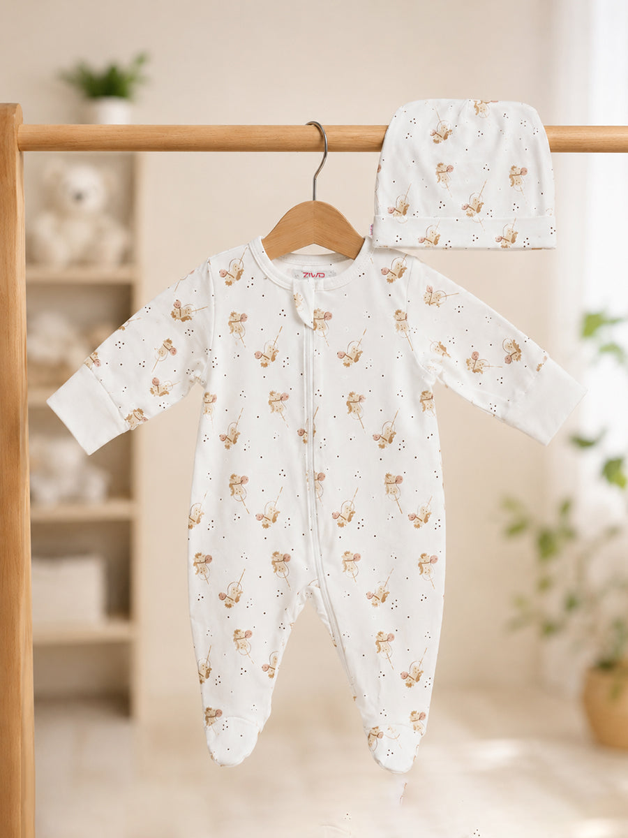 Ziva Baby Sleepsuit with Cap – Knitted Cotton Front Zip, Fold-Over Mittens & Integrated Booties | Soft Off White | Little Monkey Print
